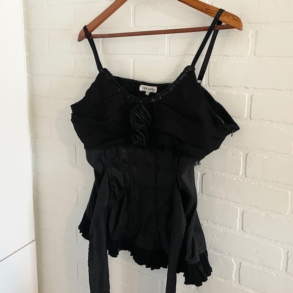 Vintage Y2K Babydoll Bustier Tank top Rosette Tie back Satin Polyamid Black 12 - Picture 13 of 14
